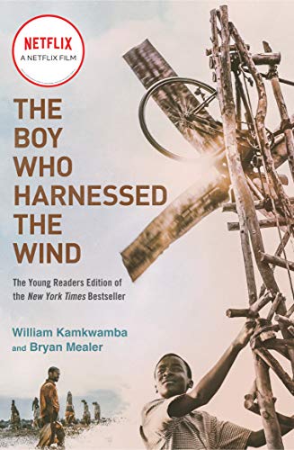 Book cover showing a boy standing by a makeshift windmill made from bicycle parts.