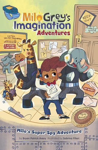Boy with giraffe and elephant spies in a colorful illustrated scene.