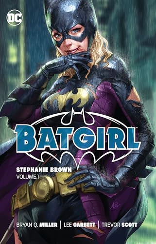 Comic book cover of Batgirl in a black and purple costume with gold accents.