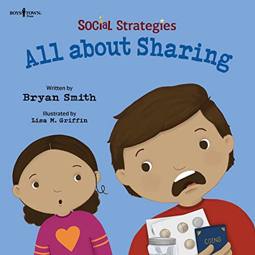 Book cover, “All About Sharing,” depicts two children and coins.