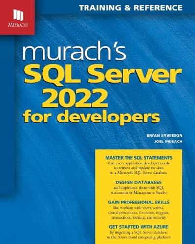Blue book cover with "Murach's SQL Server 2022 for developers" title.