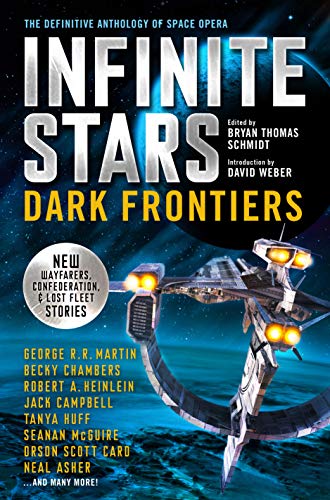 Book cover: “Infinite Stars: Dark Frontiers” featuring a spaceship in space.