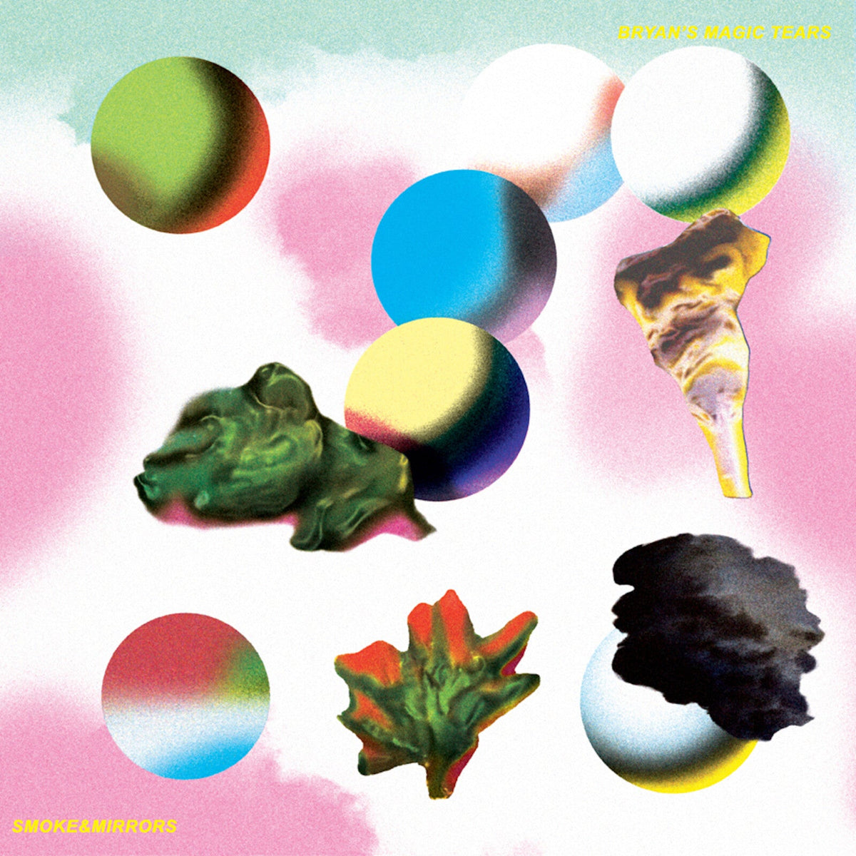 Album cover with colorful orbs, a trumpet, and foliage on a pink background.