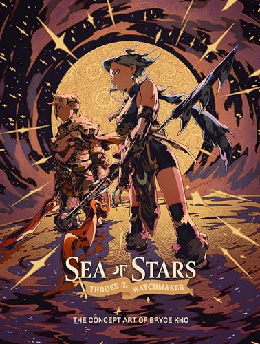 Two fantasy characters with swords stand before a swirling, starry background.