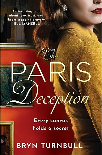 Book cover: "The Paris Deception" with woman in yellow and artwork.
