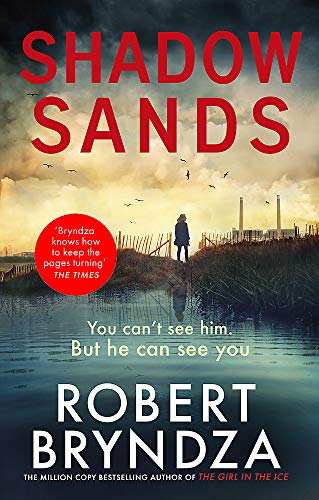 Book cover: woman on dunes, stormy sky, red title "Shadow Sands".