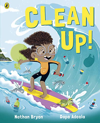 Book cover: child surfing through ocean waves filled with plastic pollution.