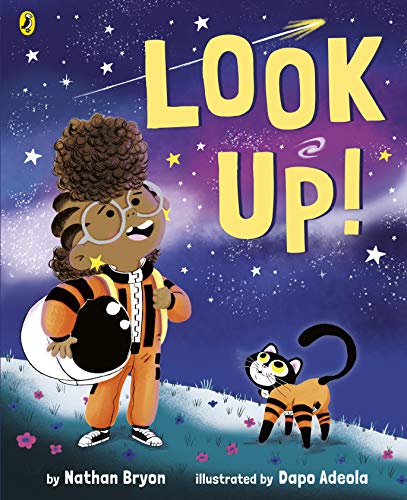 Book cover: child in spacesuit, cat, and starry night sky.