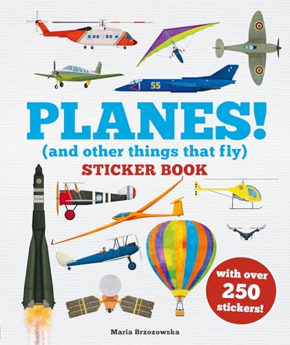 Sticker book cover featuring various flying vehicles: planes, rockets, and a hot air balloon.