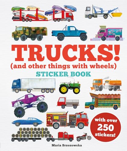 Cover of a sticker book featuring colorful illustrations of various trucks and vehicles.