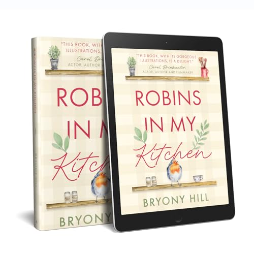 Book cover with red text, robins, and a shelf of kitchen items.