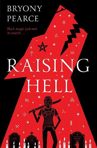 Book cover: "Raising Hell" with red jagged shapes, a figure, and graves.