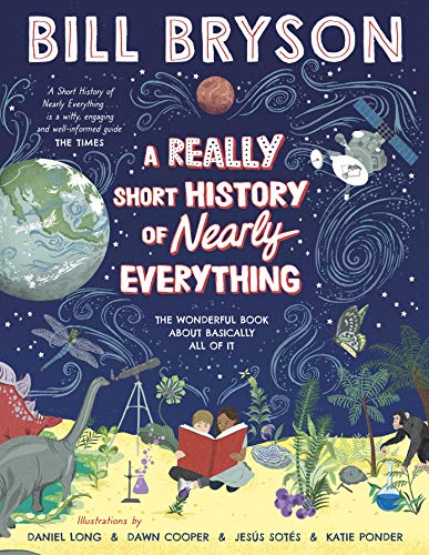 Book cover: "A Really Short History of Nearly Everything" with illustrations.