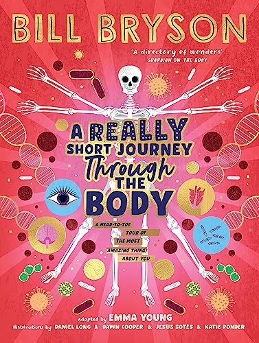 Book cover with skeleton, eye, and colorful biological illustrations.