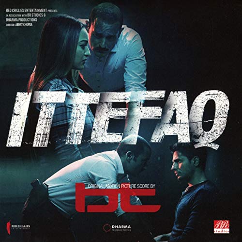 "CD cover for 'Ittefaq' soundtrack, featuring actors and title in distressed font."