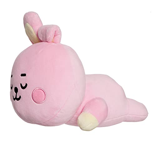 Pink, plush BT21 Cooky baby pillow shaped like a lying cartoon seal.