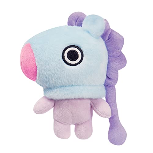 Light blue BT21 Mang plush toy with a large eye and purple hair.