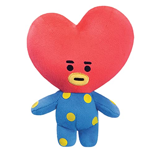 Red heart-shaped Tata plush with blue polka dot jumpsuit and small arms.