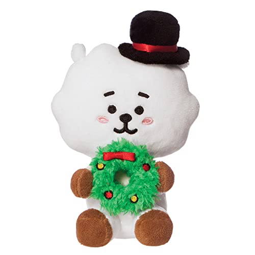 White RJ plush toy wearing a black top hat and holding a Christmas wreath.
