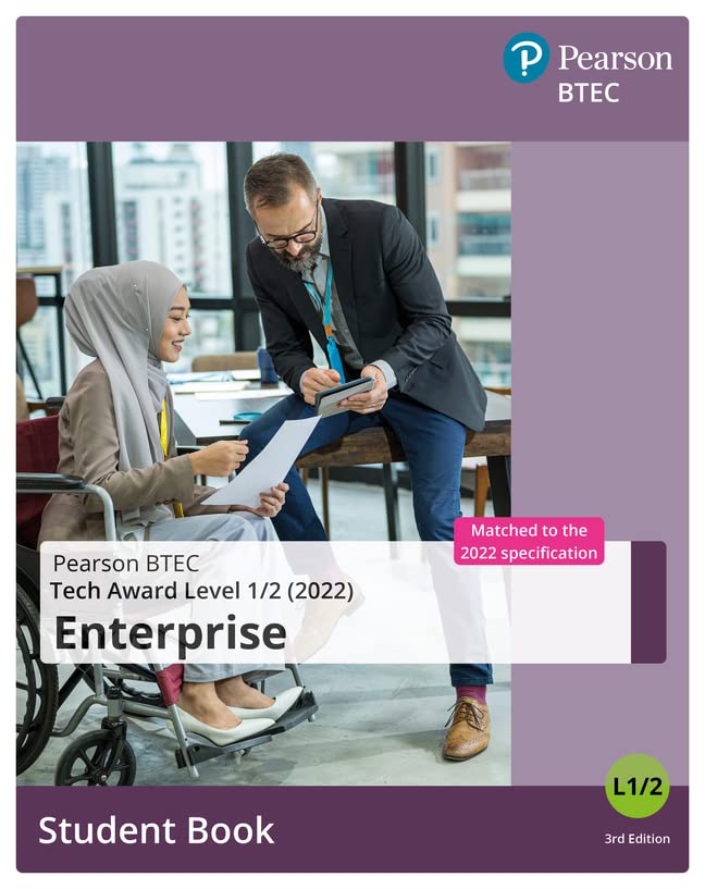 BTEC Enterprise student book cover with teacher assisting a student.