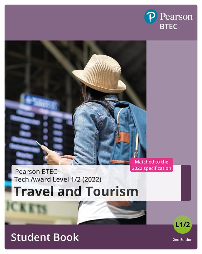 Textbook cover for Pearson BTEC Tech Award Travel and Tourism featuring a traveler.