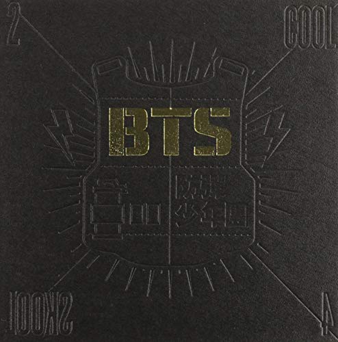 Black CD cover for BTS’s “2 COOL 4 SKOOL” with gold lettering and emblem.