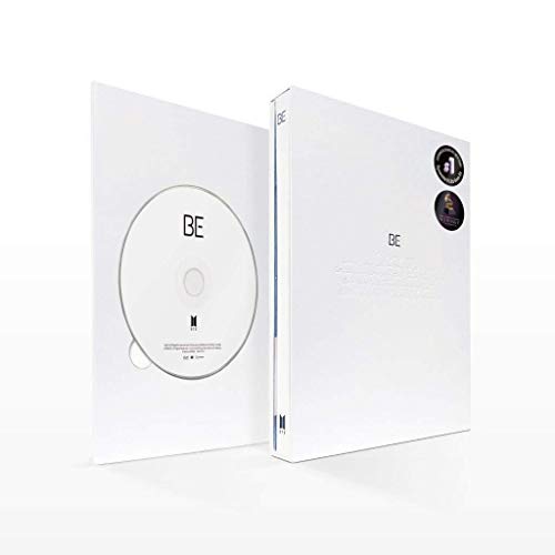 White BTS BE album case and CD disc with minimalist design on white background.