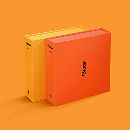 Two orange and yellow BTS “Butter” CD cases stacked against a solid orange background.