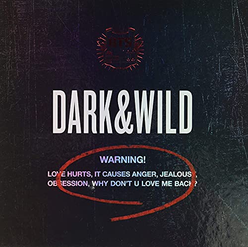 Black BTS Dark & Wild album cover with white text and a red warning circle.