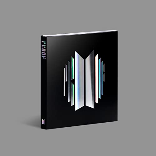 Black BTS “Proof” CD case with iridescent vertical lines.