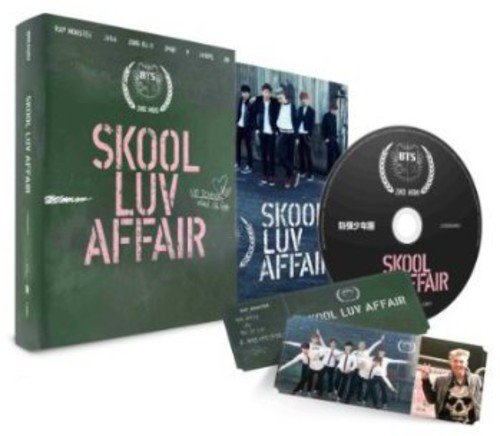 BTS CD album "Skool Luv Affair" with green case, disc, and photocard.