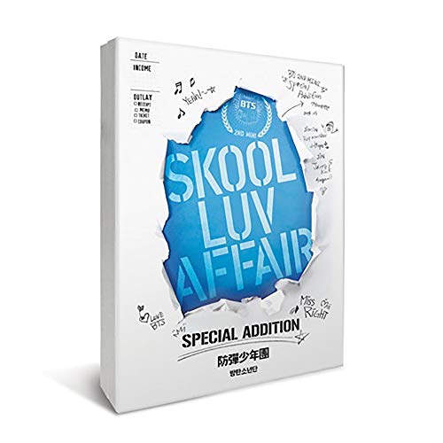 BTS “Skool Luv Affair” CD case with blue text and torn paper effect.