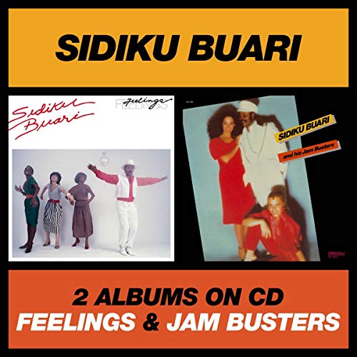 CD cover art for Sidiku Buari's "Feelings" and "Jam Busters" albums on a black background.