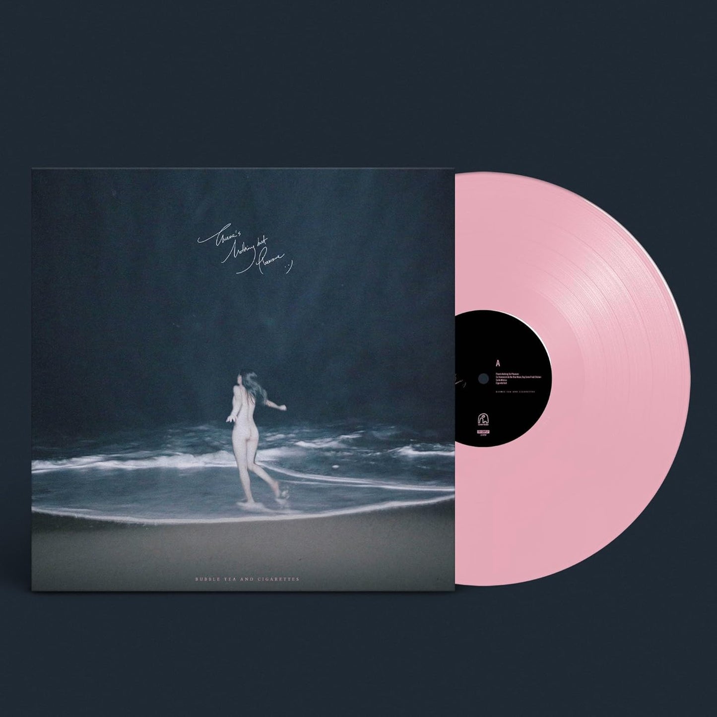 Pink vinyl record with a woman walking on a beach scene.