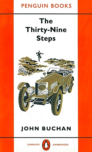 Penguin book cover: "The Thirty-Nine Steps" with car and figure illustration.