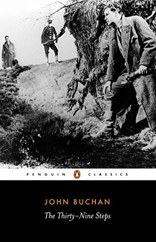 Black and white book cover showing a man hiding outdoors from two distant figures.