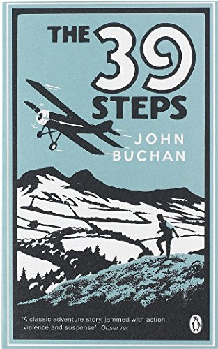Book cover for The Thirty-Nine Steps showing a plane flying over a mountainous landscape.
