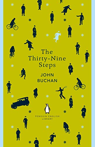 "Book cover with yellow background, silhouettes of people, and title 'The Thirty-Nine Steps'."