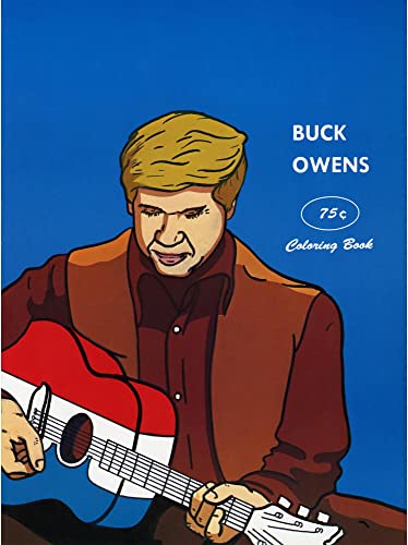 Illustration of Buck Owens playing a red, white, and blue guitar against blue background.