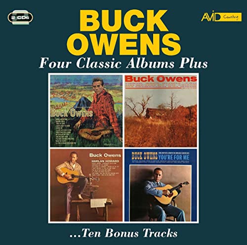 Album cover for Buck Owens Four Classic Albums Plus featuring four vintage record sleeves.