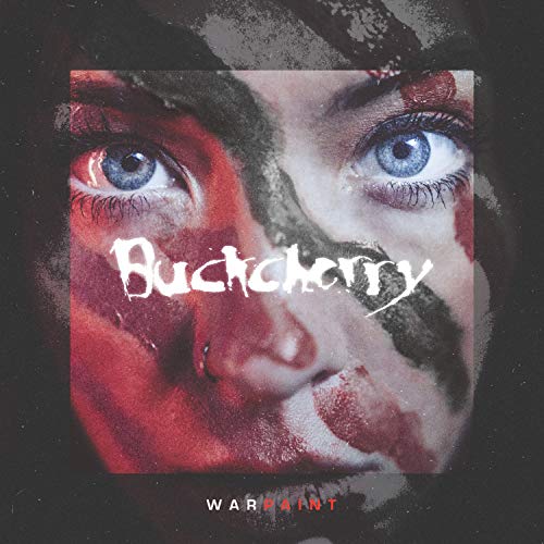 "Album cover with a man's face, painted red and black, with blue eyes."