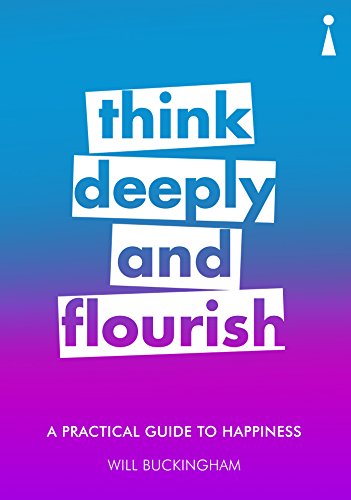 Book cover with stacked text: "think deeply and flourish," blue and purple gradient.