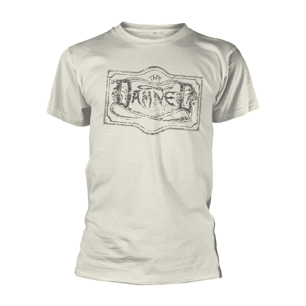 Beige t-shirt with distressed black graphic reading "BUCKLE" on the front.