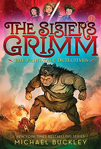 Book cover: three children, a large ogre, and a fairytale landscape.