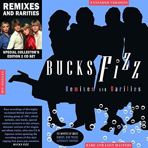 "CD cover featuring silhouettes of Bucks Fizz band members against a blue background."