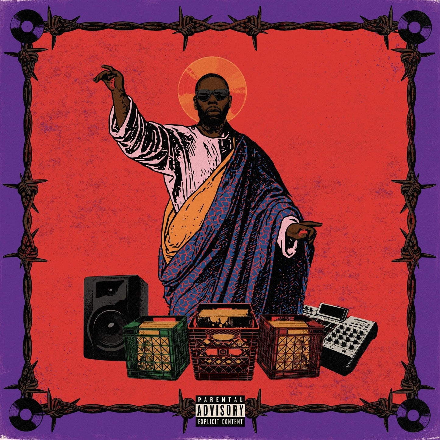 Album cover: man in robe pointing, with music equipment, purple background.