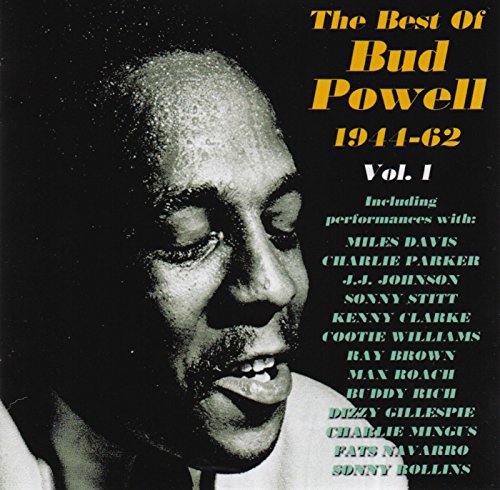 "CD cover featuring a black-and-white photo of Bud Powell with yellow and green text."