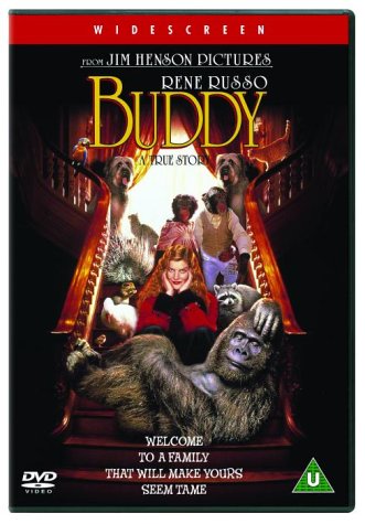 "DVD cover featuring a girl with a gorilla and family on a red staircase."