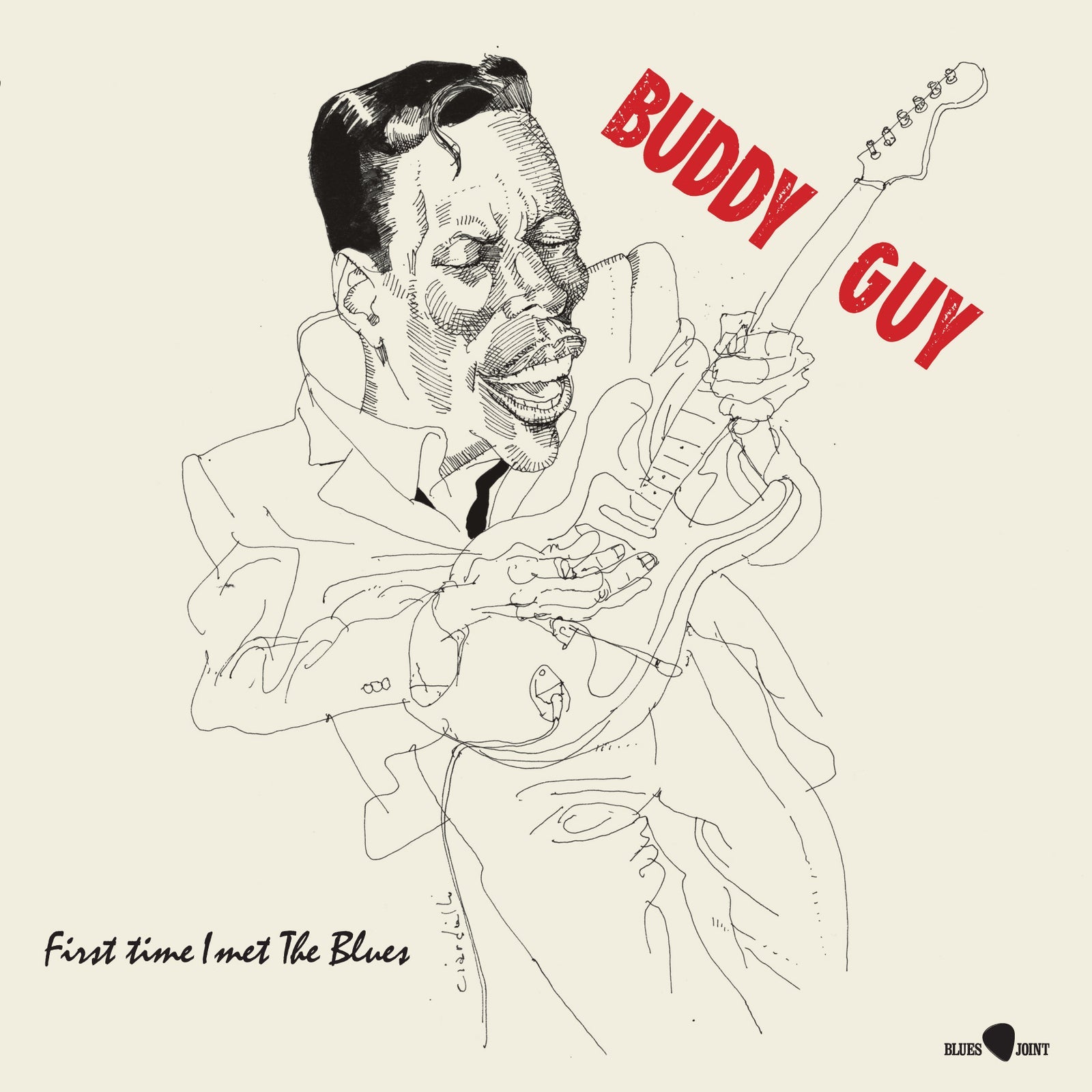 Sketch of Buddy Guy playing guitar on album cover, "First Time I Met The Blues.
