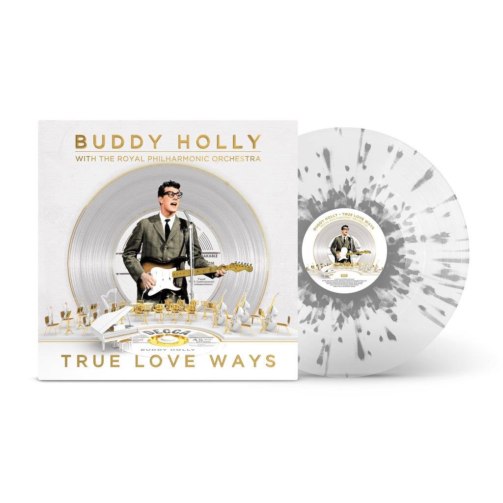 Buddy Holly vinyl record with marbled white and grey disc, portrait included.